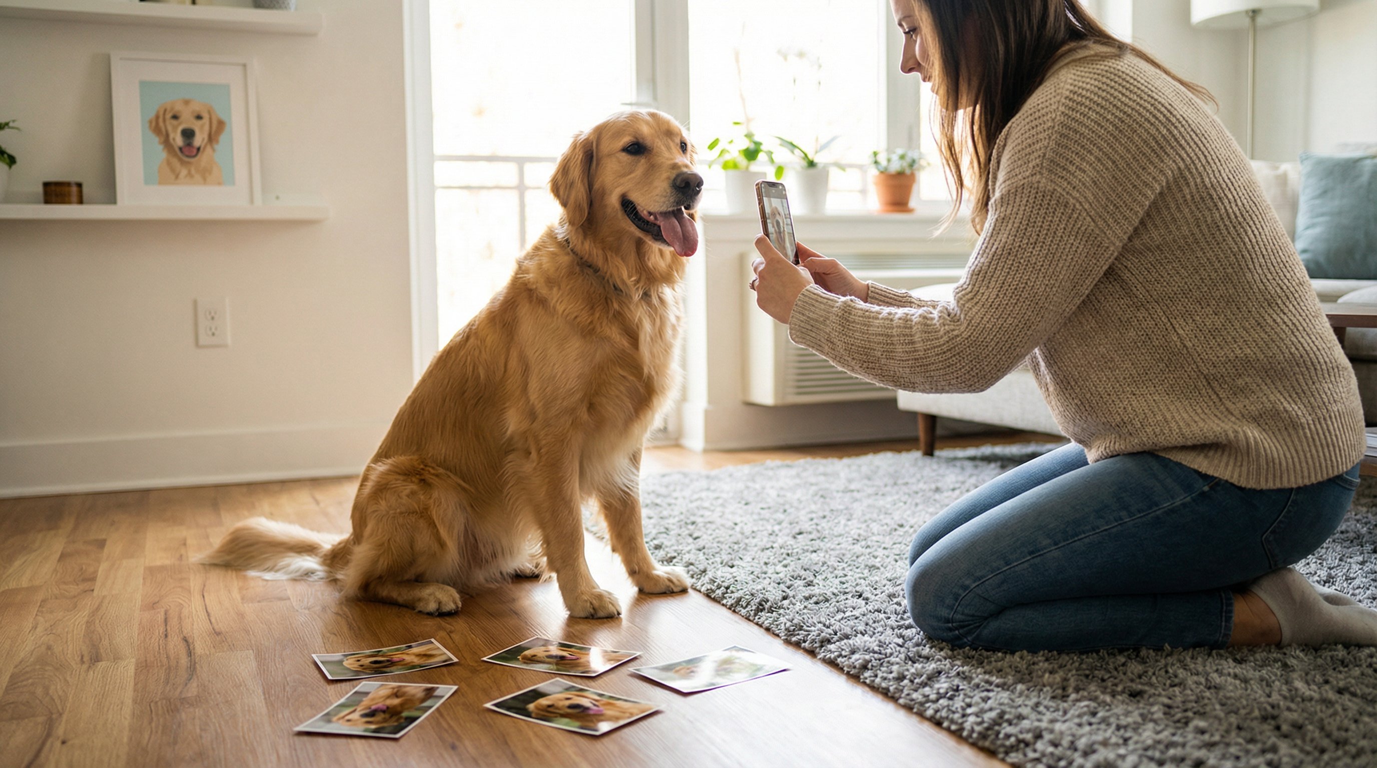 Woman photographing her golden retriever in natural light for a custom portrait.