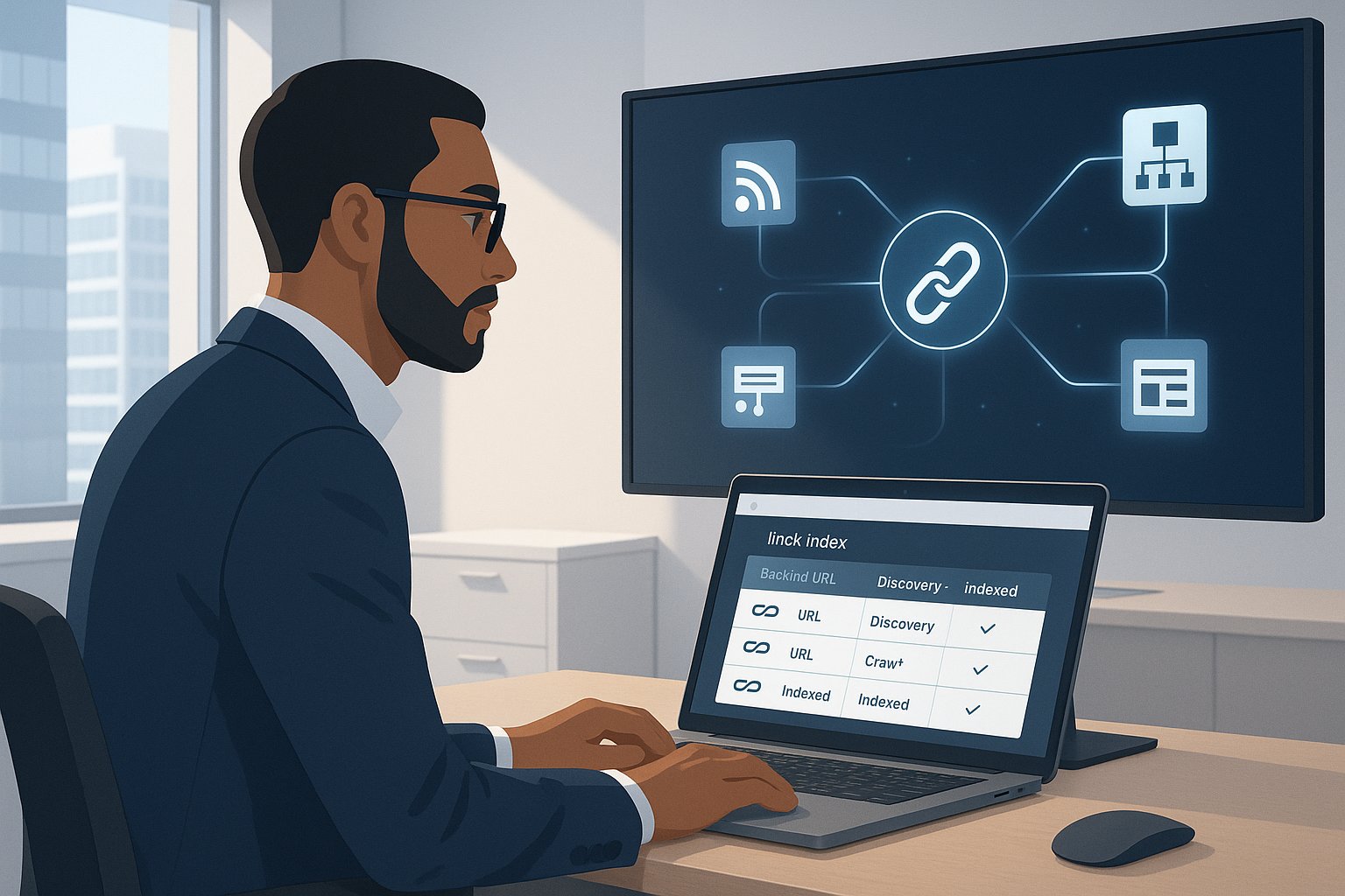 SEO specialist reviewing backlink discovery and indexing dashboard in a modern office.