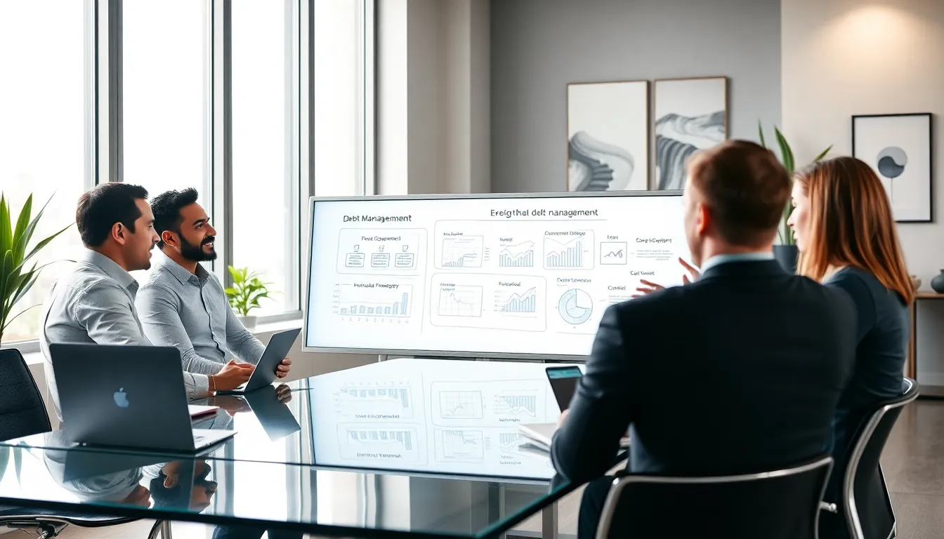 diverse professionals discussing strategic debt solutions in a modern office.