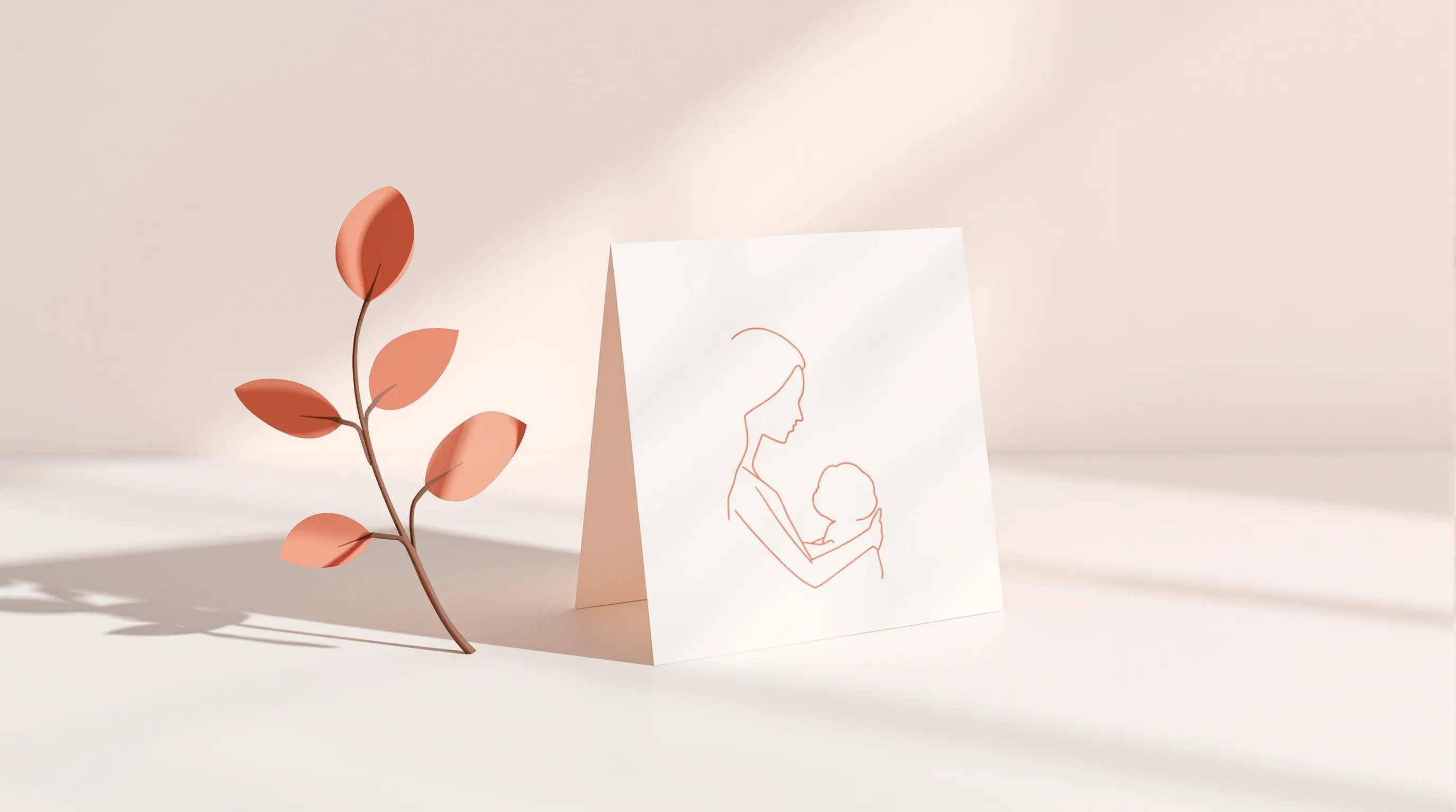 A minimalist greeting card with mother-child silhouette and single flower on white background.
