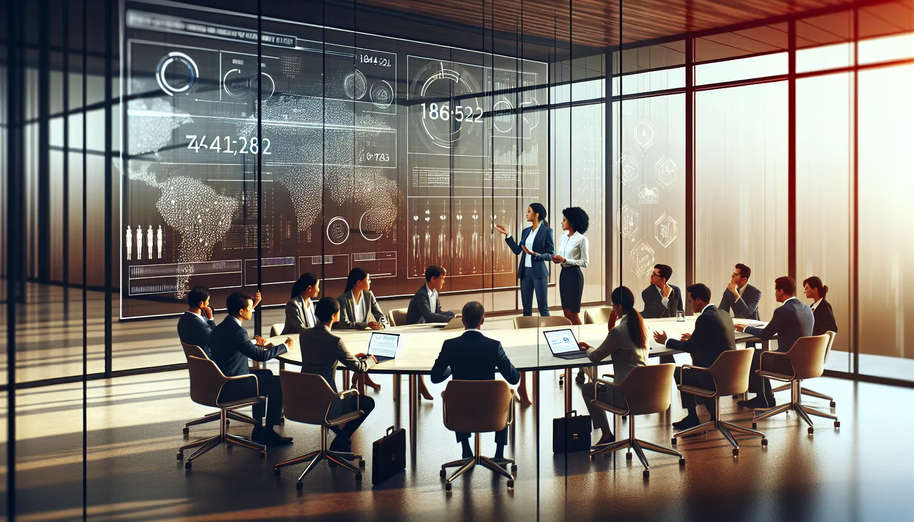 diverse professionals collaborating in a modern office discussing data implications.