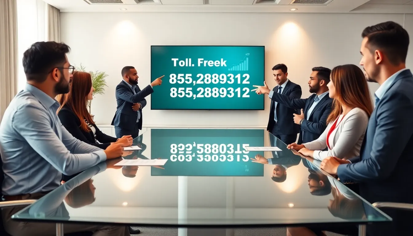 diverse team discussing a toll-free number in a modern office.
