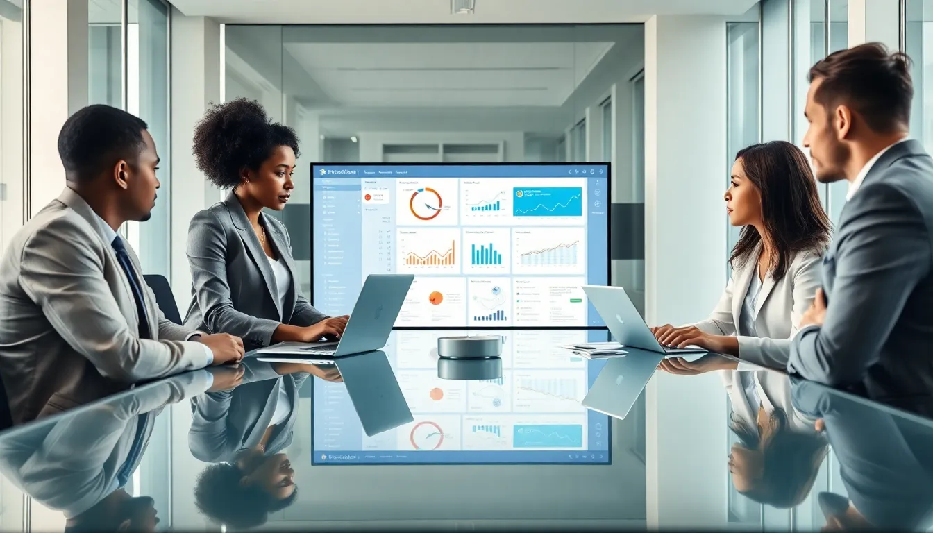 diverse professionals collaborating on low code data integration in an office.