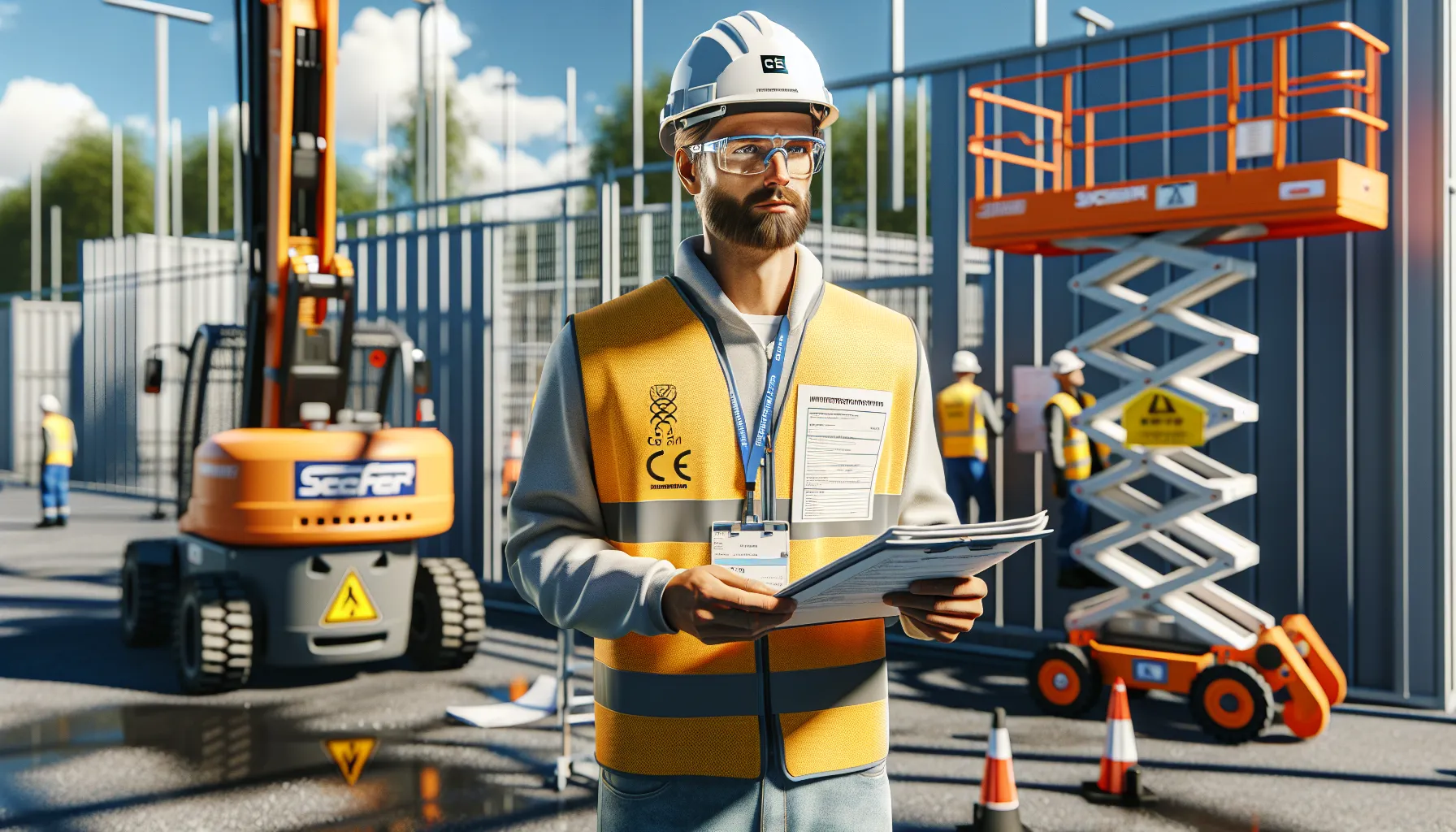 Norwegian site manager checking documents beside ce-marked boom lift and scissor lift.