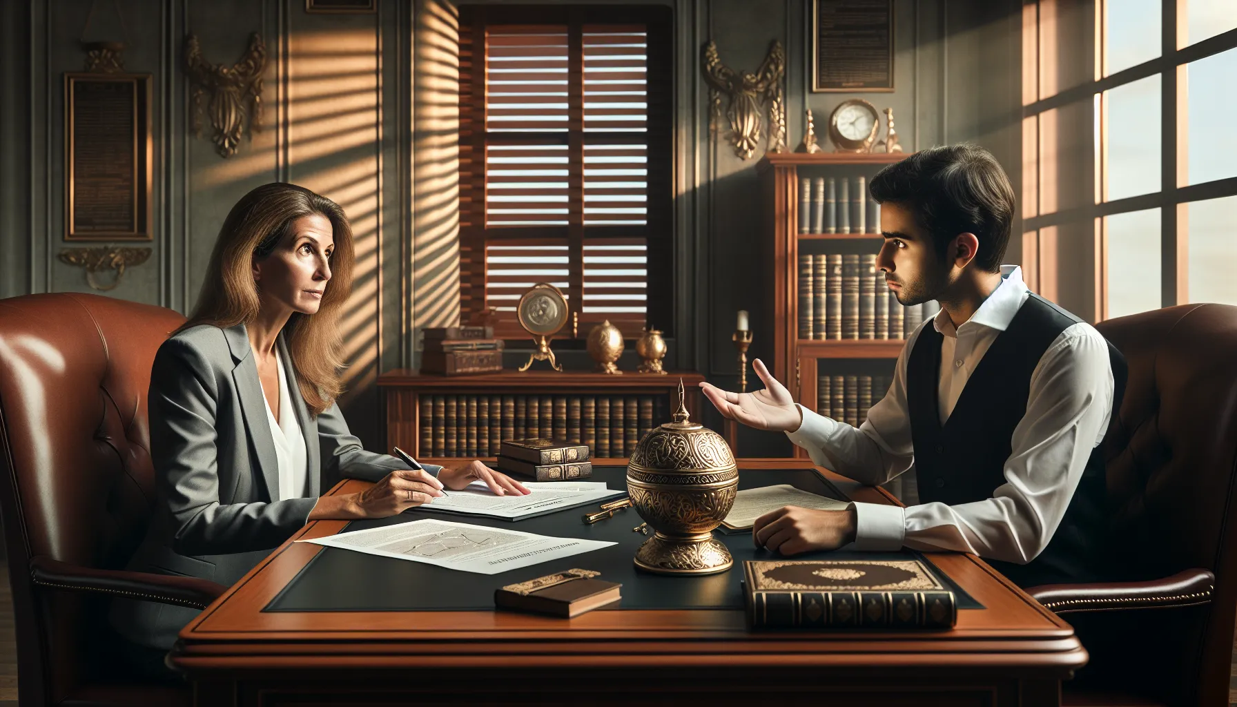 A financial advisor discussing estate planning with a client in an office.