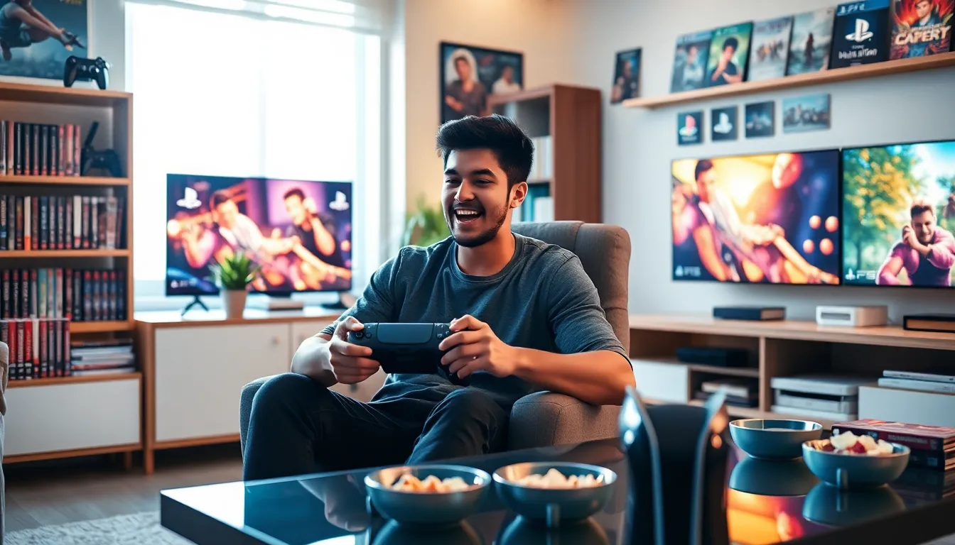 a gamer in a modern room playing on a PlayStation 5 console.