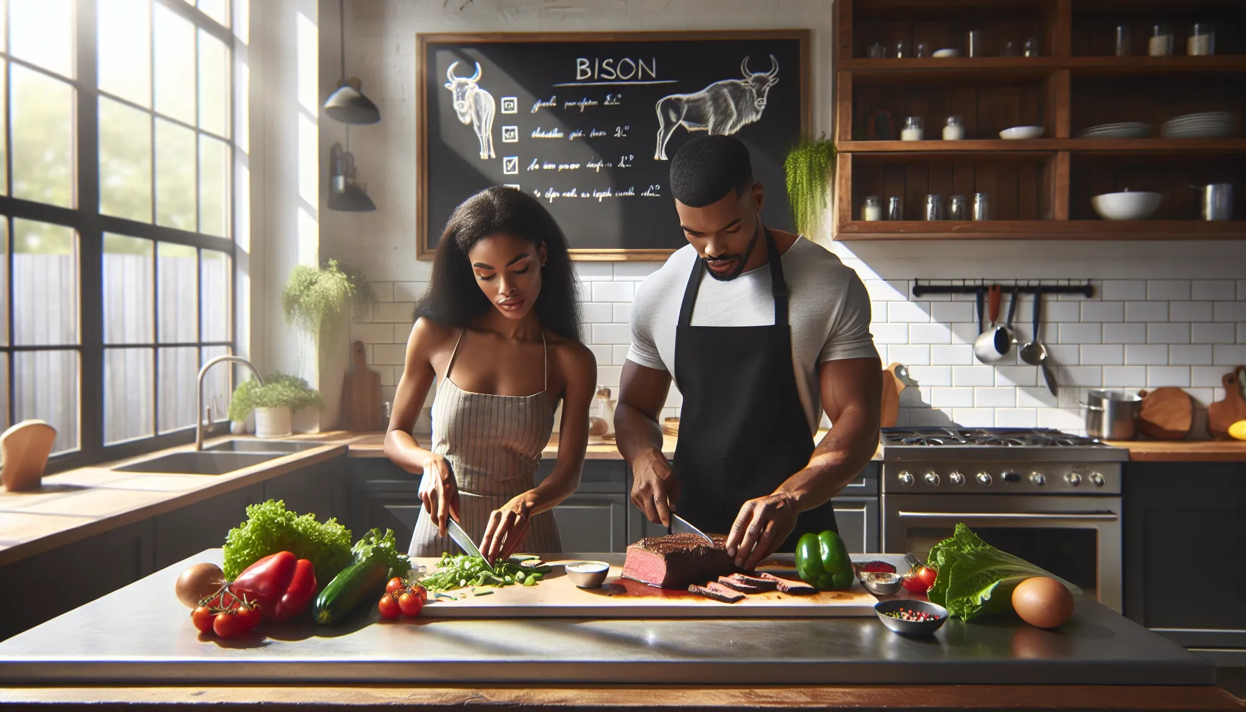 diverse team cooking a healthy dish with bison in a modern kitchen.