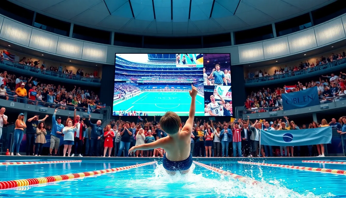 diverse fans watching highlights in a modern sports stadium.