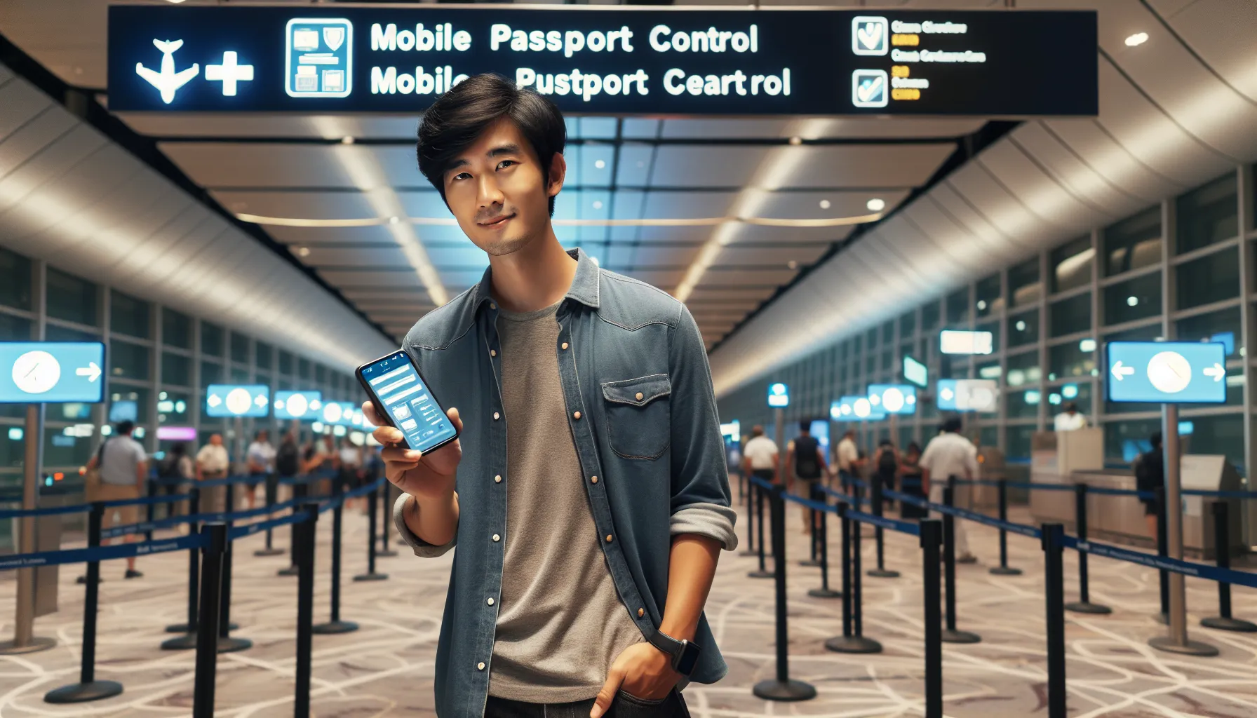 A traveler using the Mobile Passport Control app at a U.S. airport customs area.