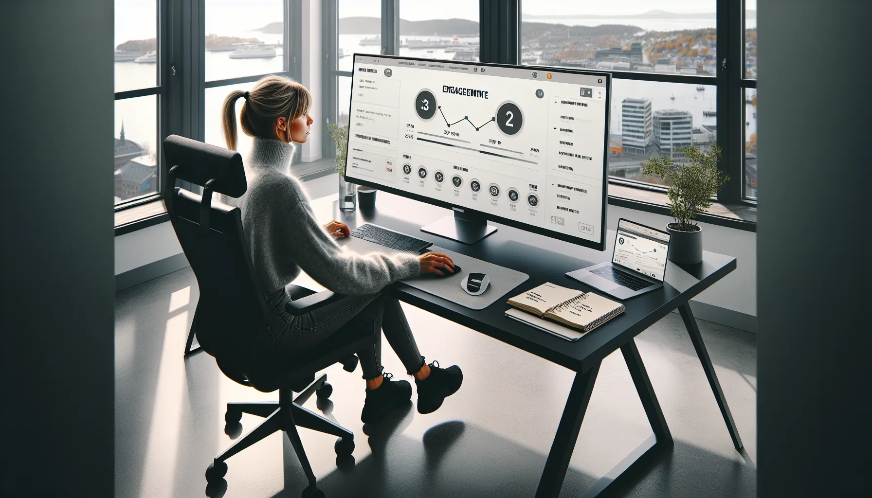 Norwegian marketer studies a gamified website dashboard linking user points to seo results.