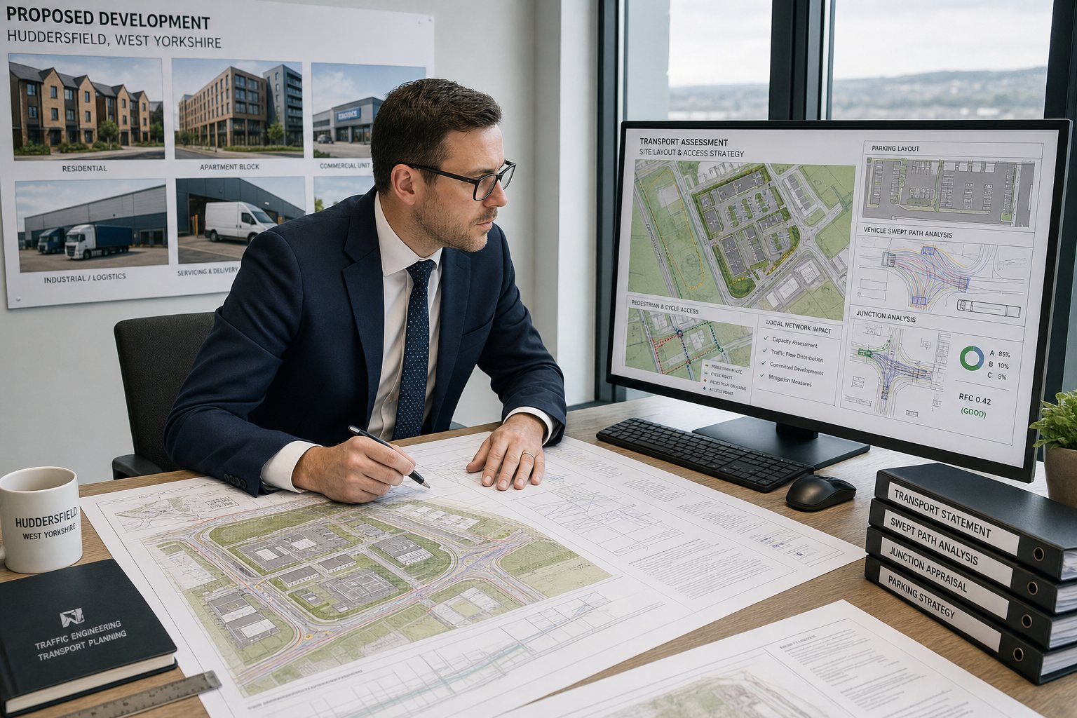 Traffic engineer reviewing residential and commercial site transport plans in office.