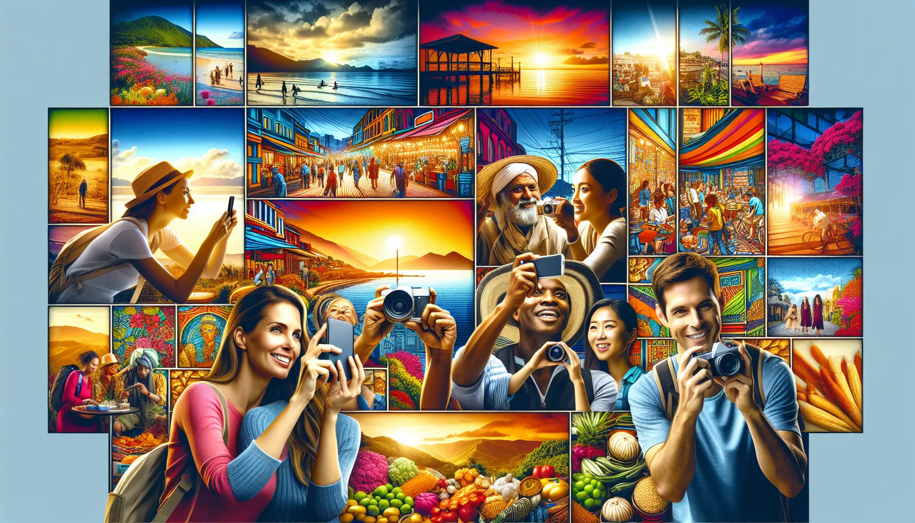diverse travelers capturing photos of vibrant market and sunset.