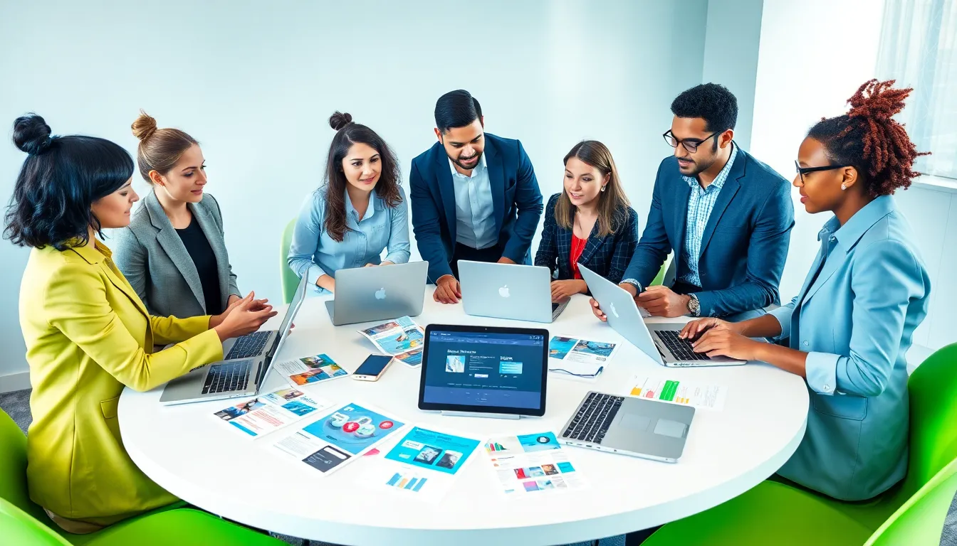 diverse team of social media marketing experts brainstorming in a modern office.