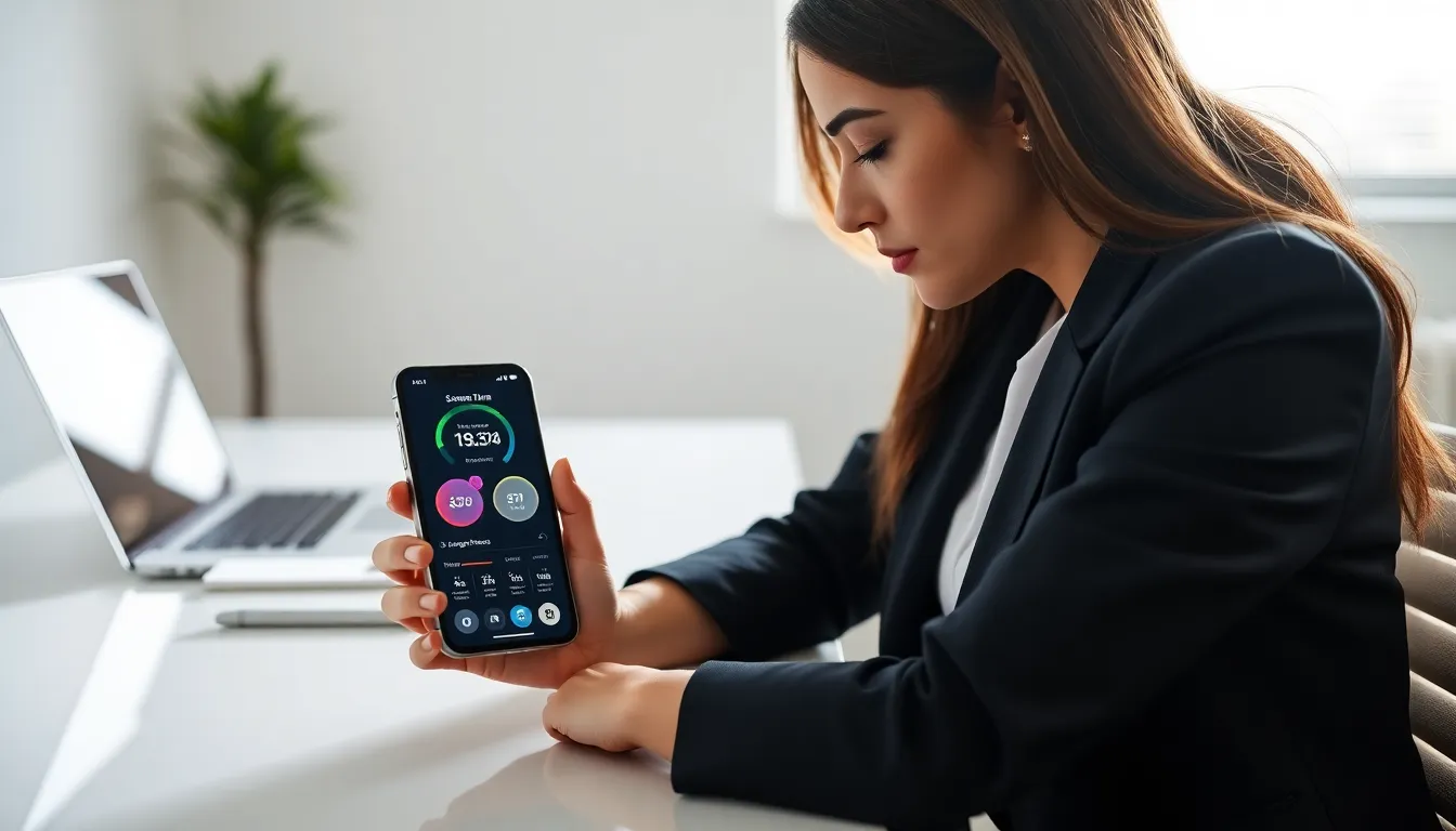 Professional analyzing Screen Time app on her iPhone in a modern office.