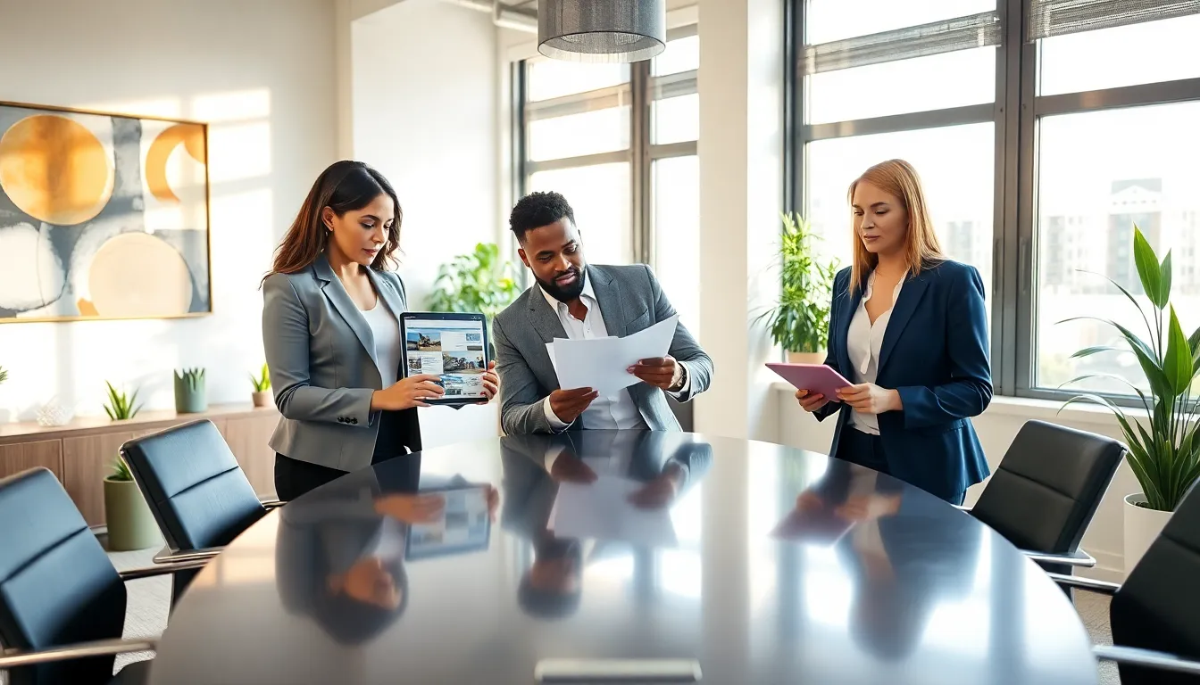 diverse real estate agents collaborating in a modern office.