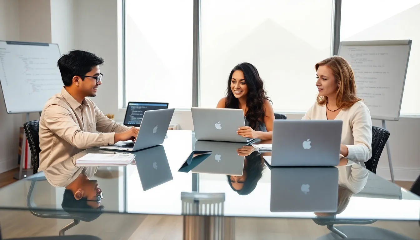 diverse developers collaborating on Java code in a modern office.
