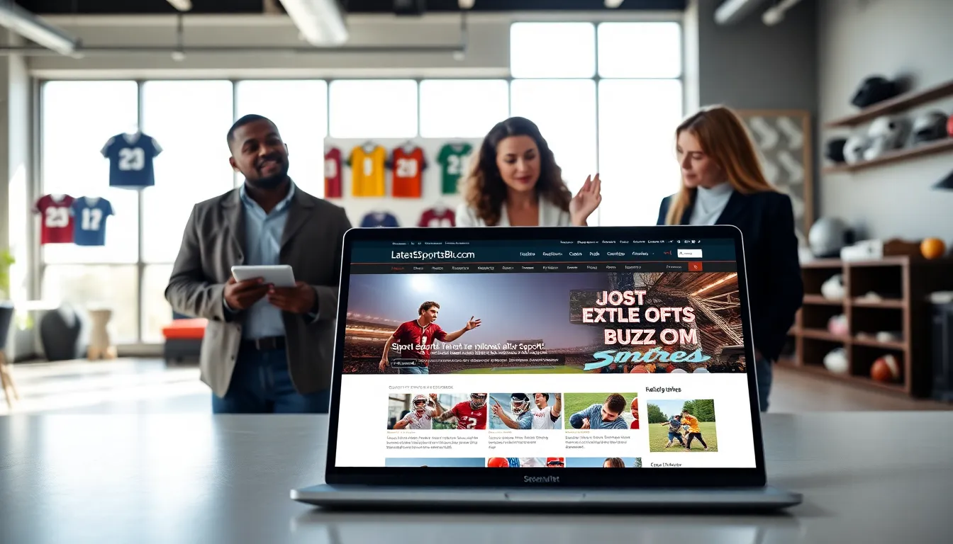 Diverse professionals discussing sports in a modern office setting.
