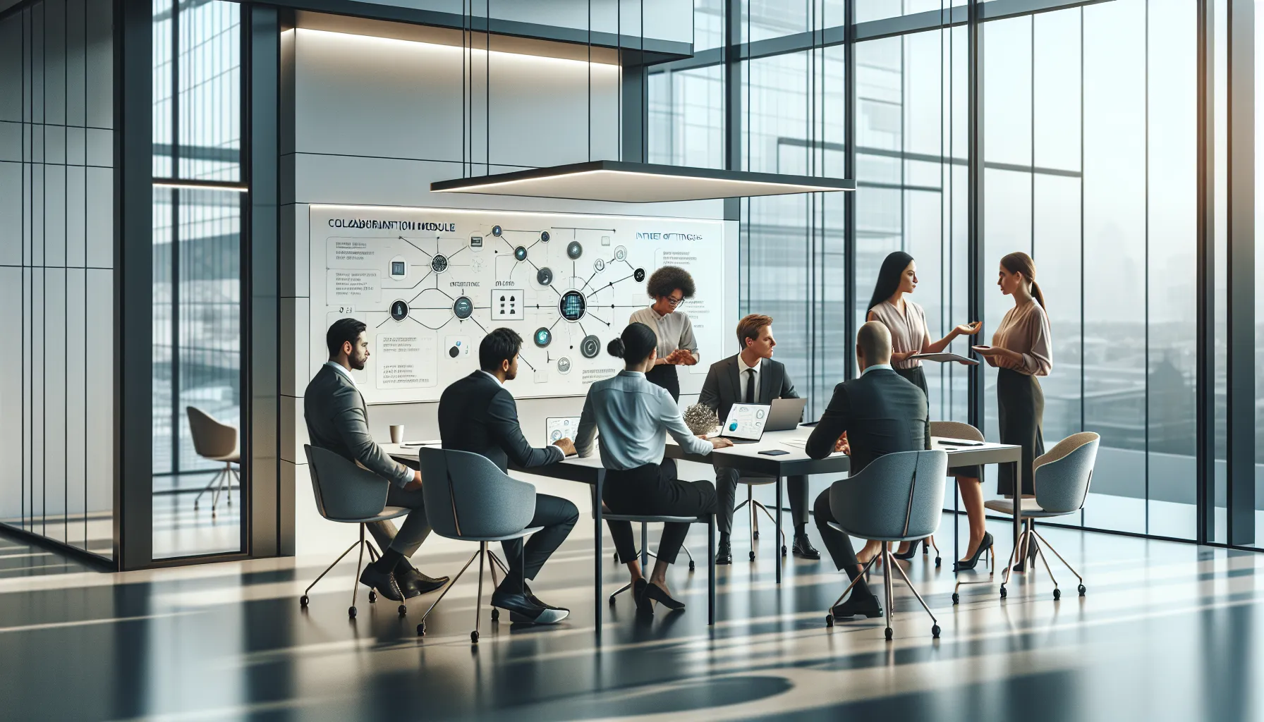 diverse team discussing technology in a modern office.