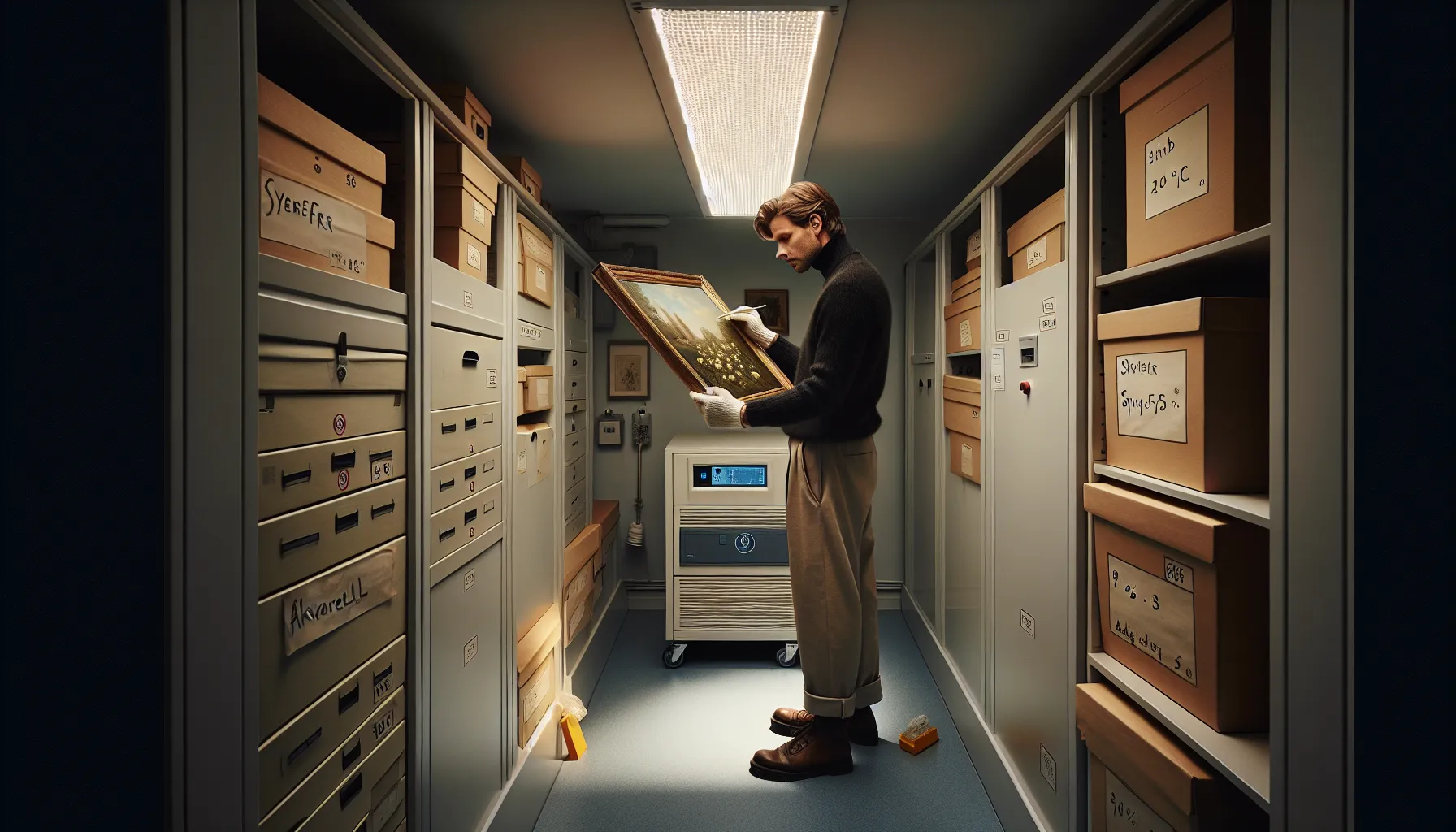 Conservator checks hygrometer while carefully supporting a painting in dim storage.