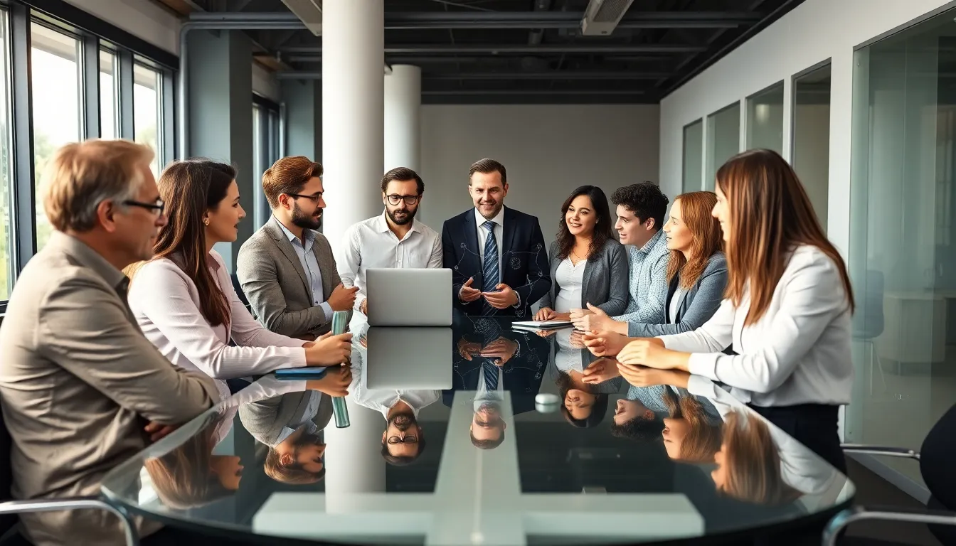 diverse professionals discussing knowledge sharing in a modern office.