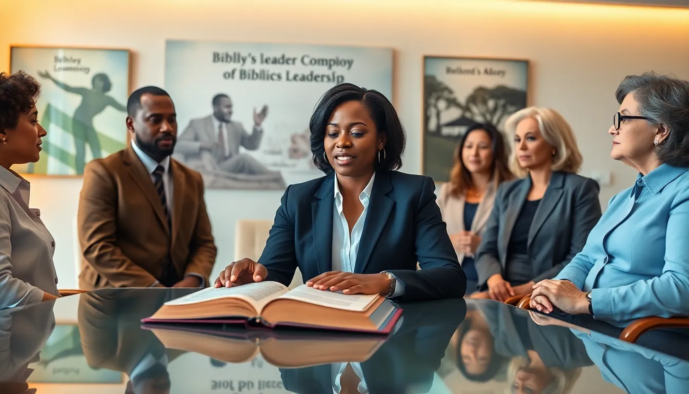 diverse leaders discussing insights from biblical scriptures in a modern office.