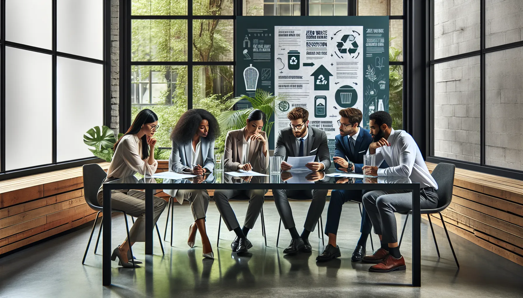 diverse professionals discussing sustainable waste practices in a modern office.