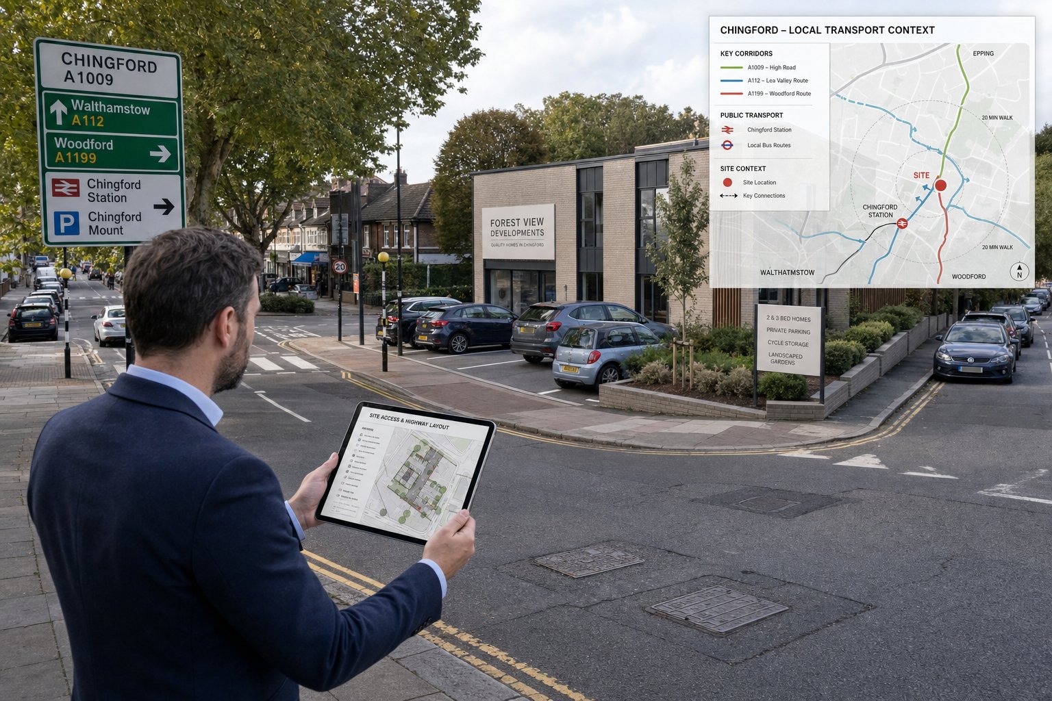 Traffic engineer assessing site access and parking constraints on a Chingford street.
