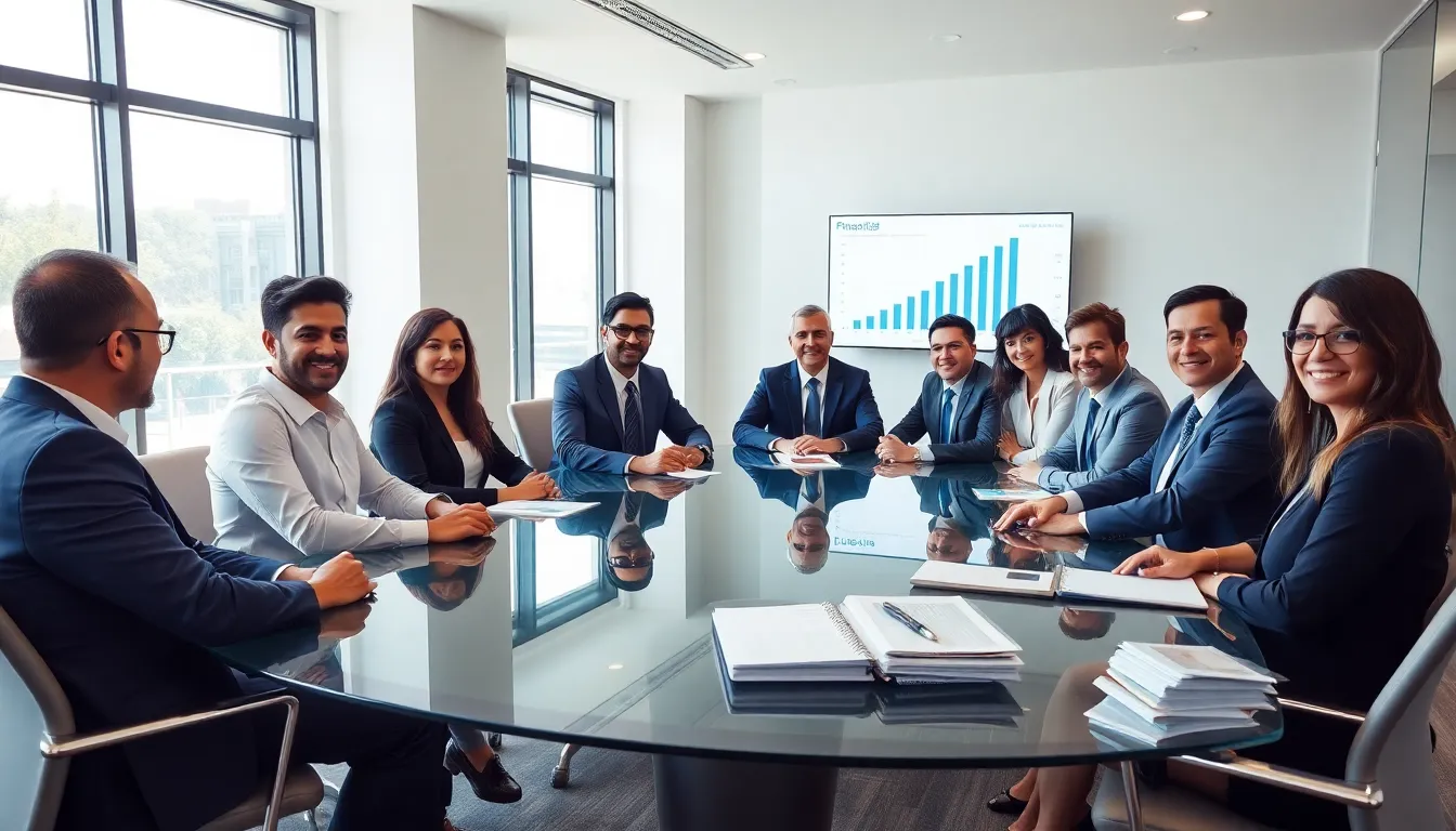 professionals discussing the importance of saving money in a modern office.