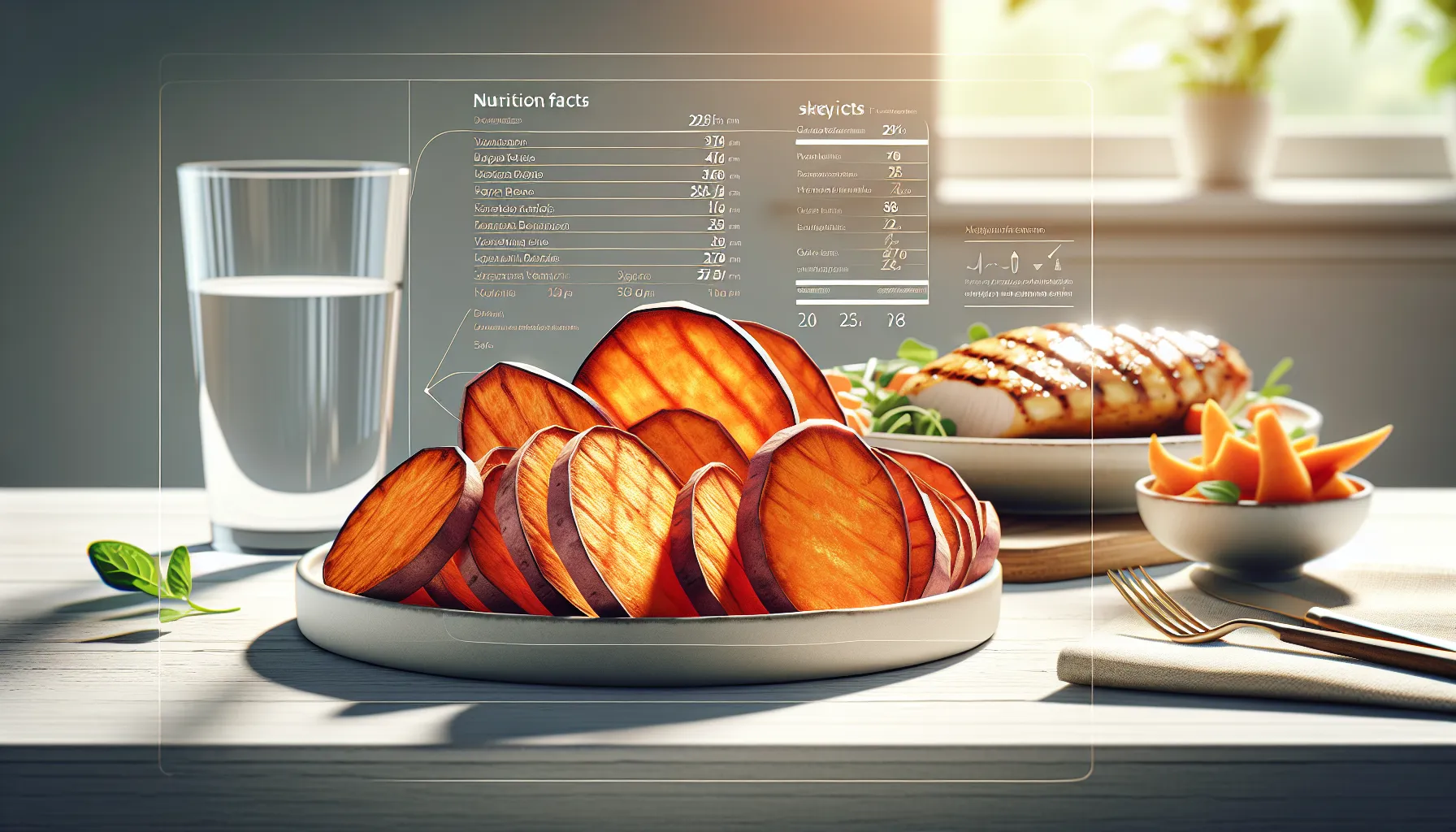 Sliced baked sweet potatoes on a platter in a bright kitchen.