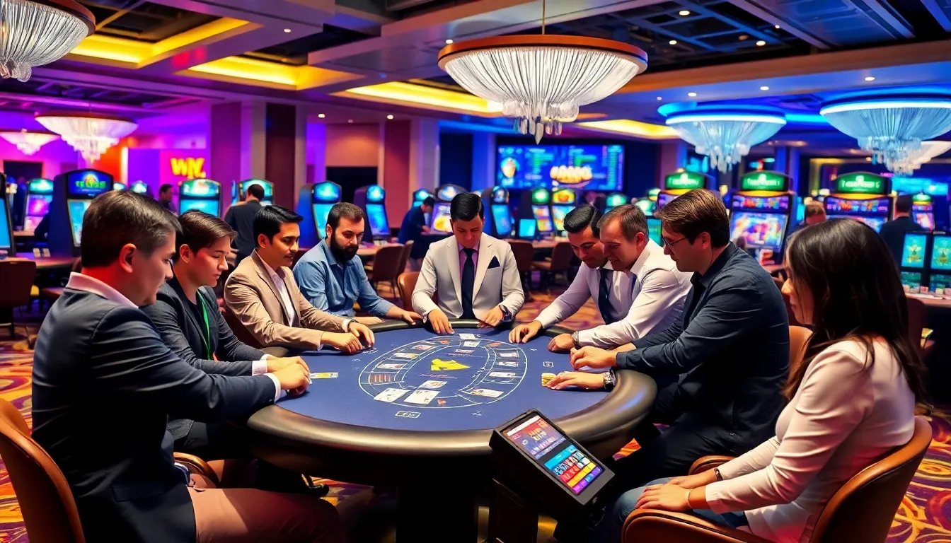 diverse players engaged in a Blackjack game at a casino table.