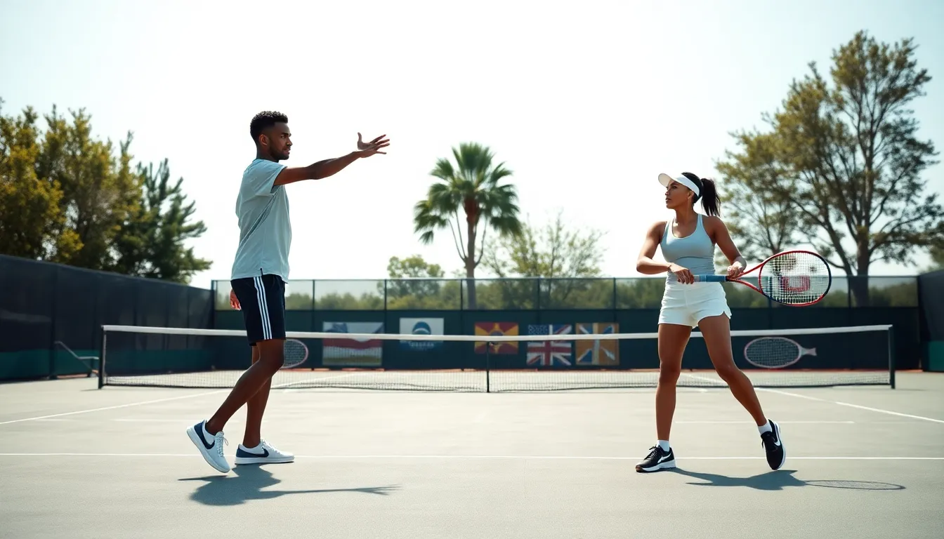 diverse tennis players practicing on a modern court.