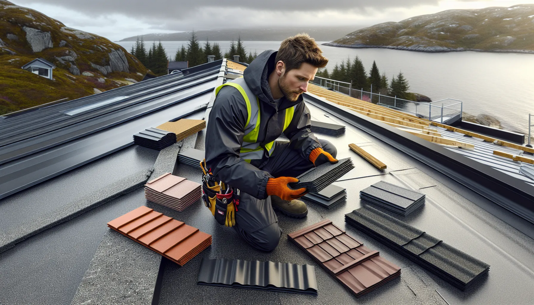 Norwegian roofer comparing roof tiles, metal roofing, and bitumen materials outdoors.