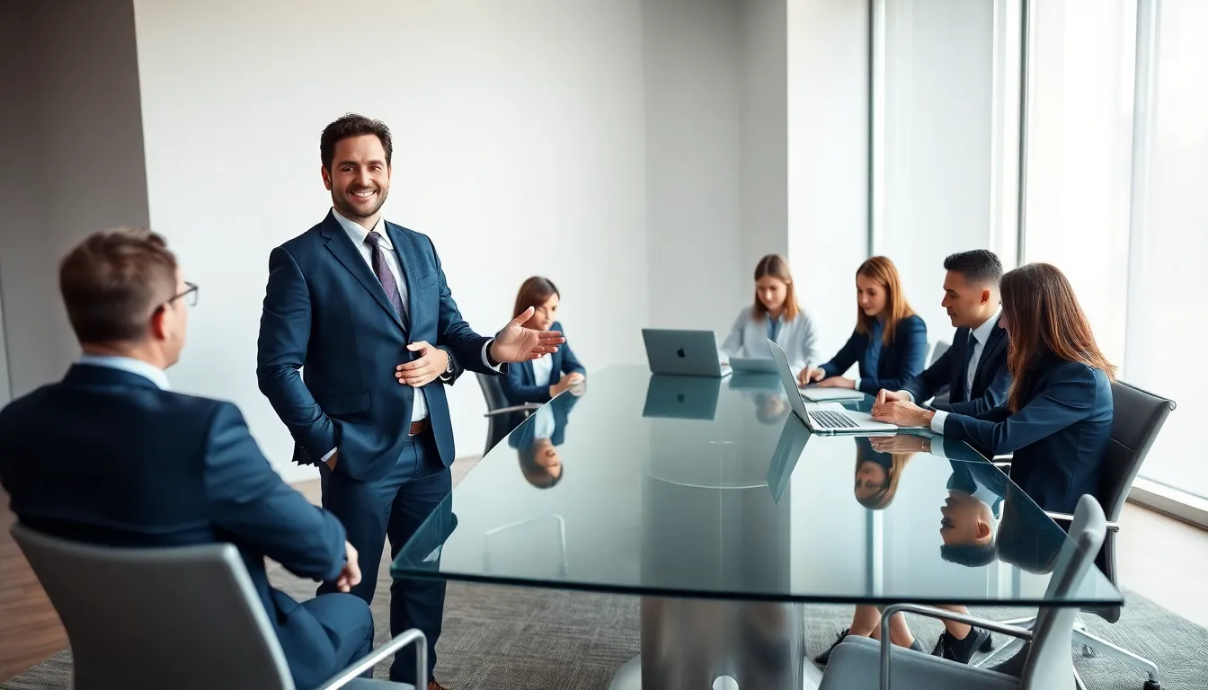 Vryntharion Krylos leading a meeting in a modern office.