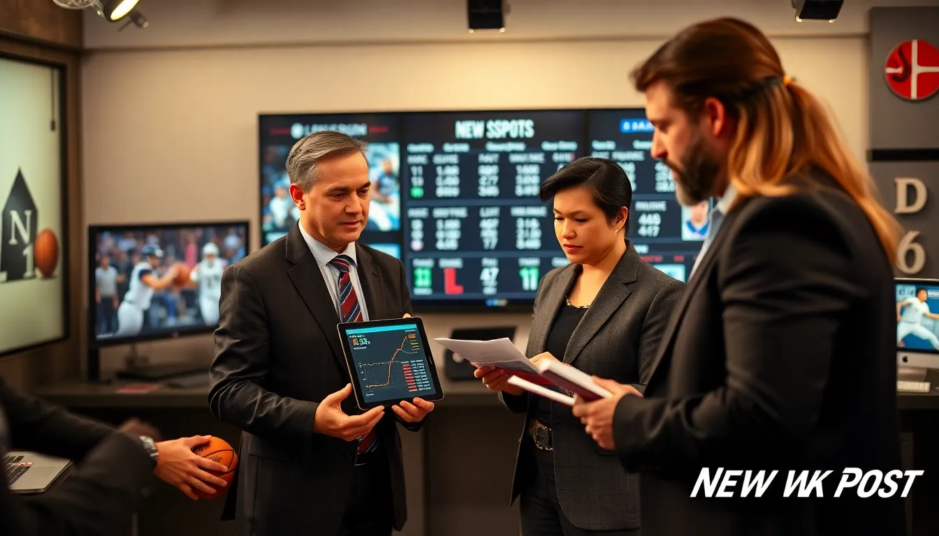 journalists discussing sports news in a modern newsroom.