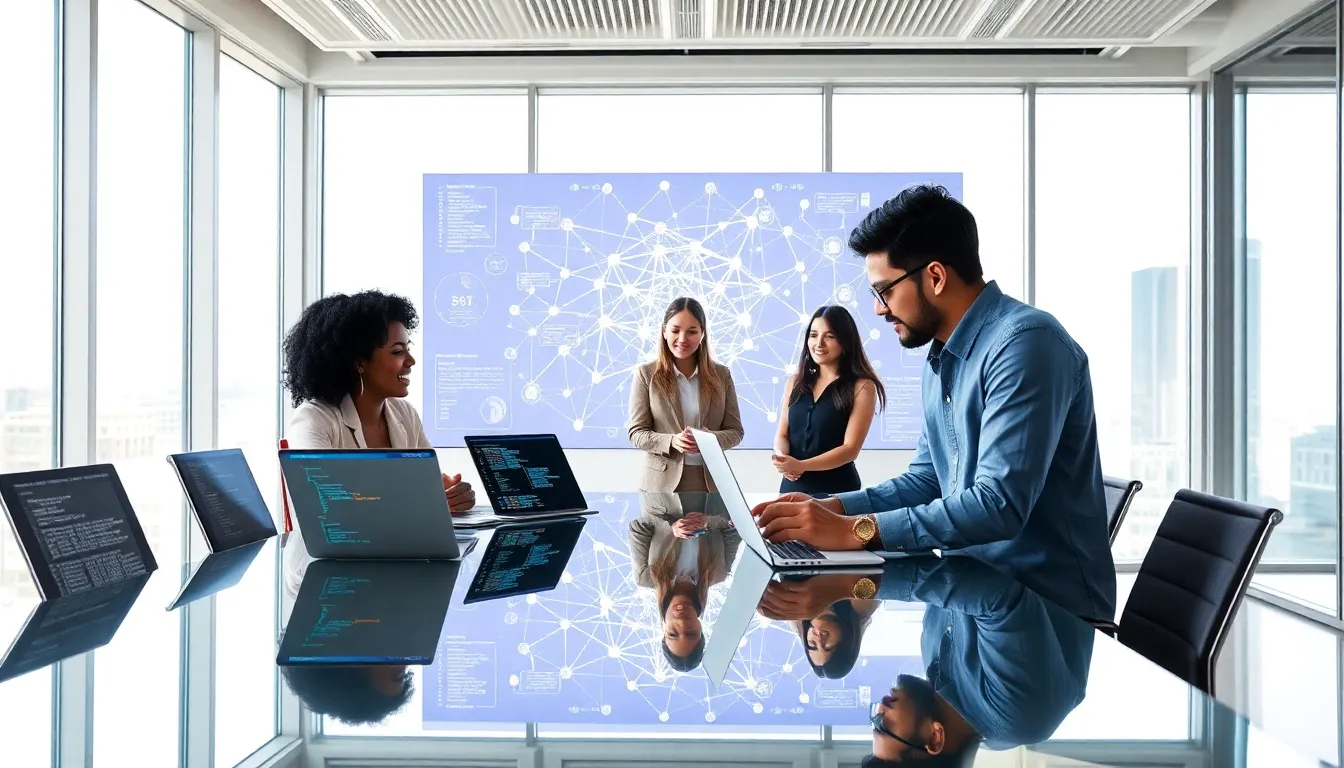 professionals discussing cryptocurrency and blockchain in a modern conference room.