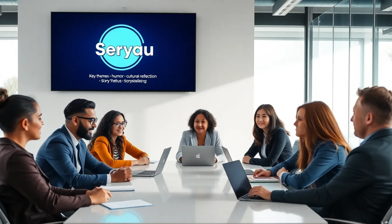 diverse professionals discussing the series SeryaLyua in a modern office.