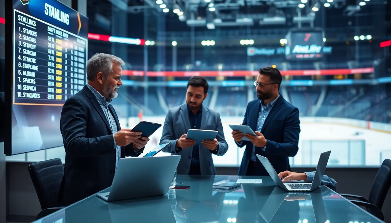 diverse sports analysts discussing NHL standings in modern workspace.