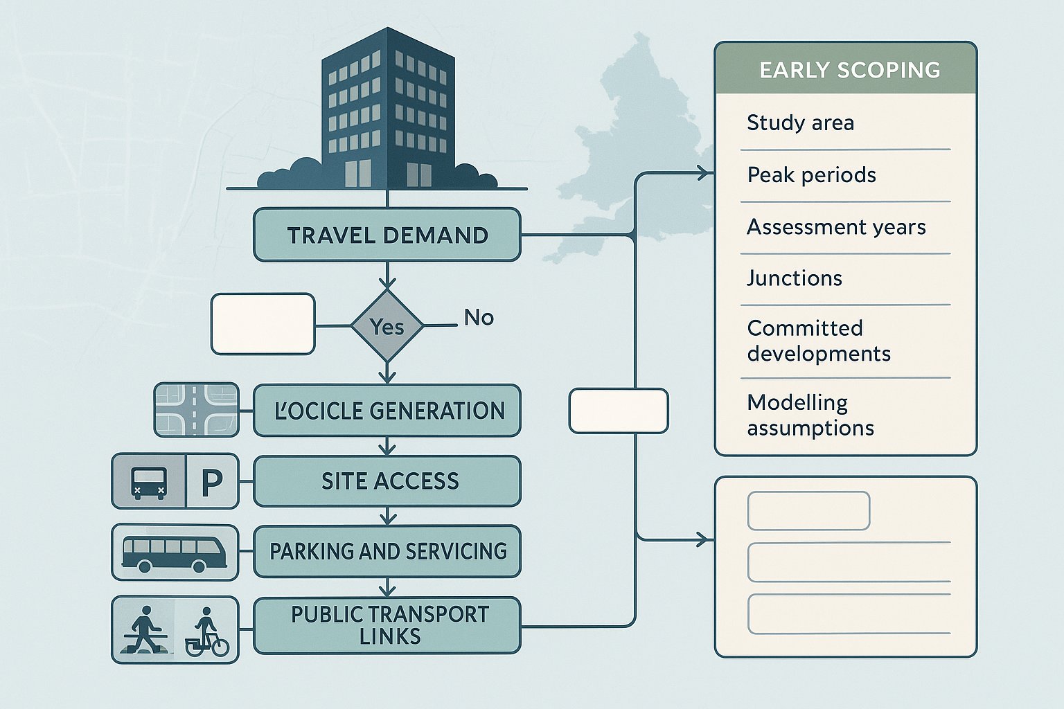 Office transport assessment infographic showing impacts, transport modes, and early planning steps.