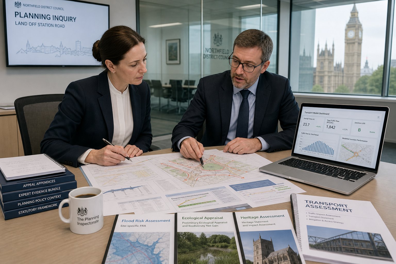 Planning lawyer and transport expert reviewing evidence for a UK planning inquiry.