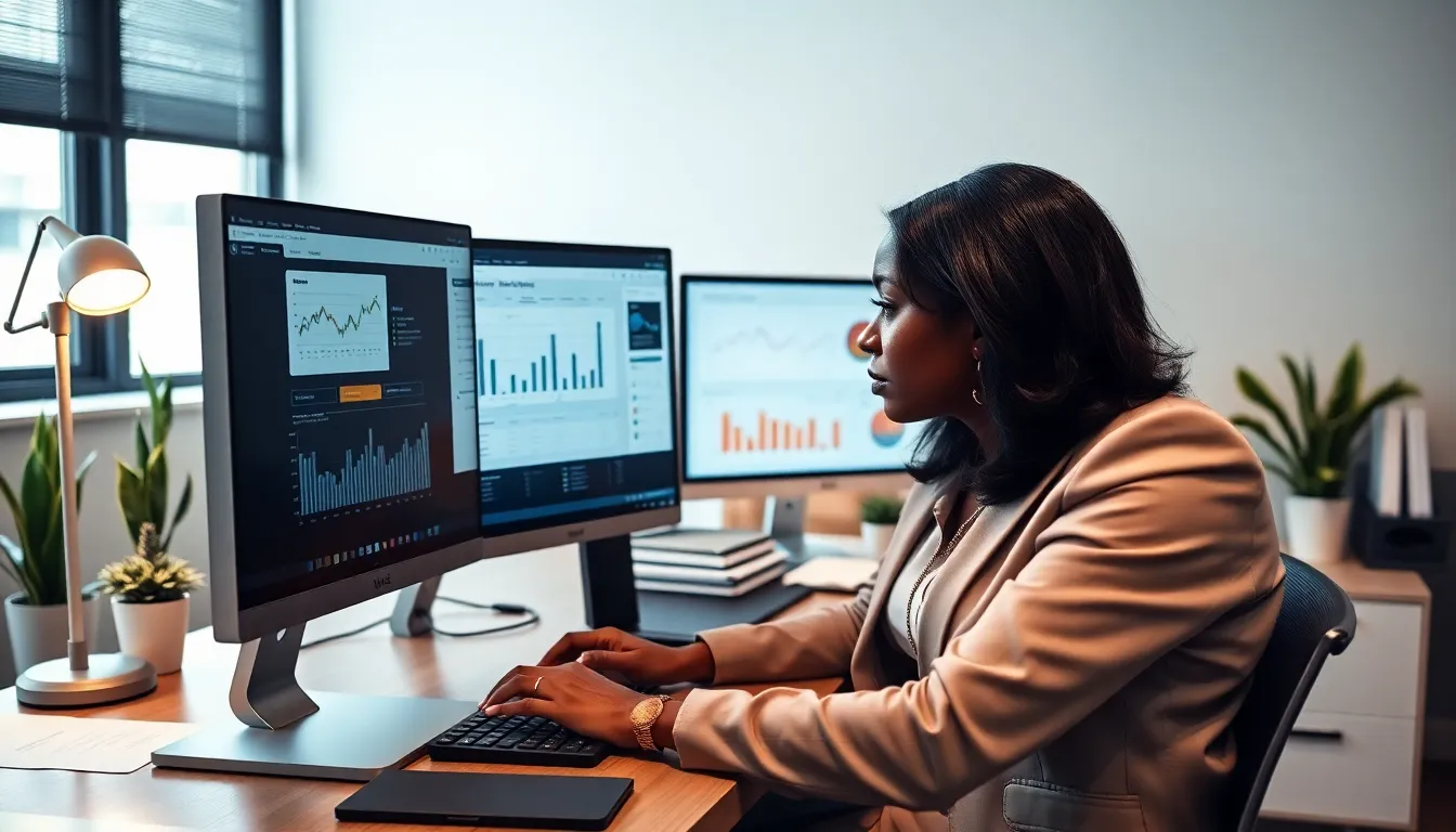 accountant using desktop software in a modern office.