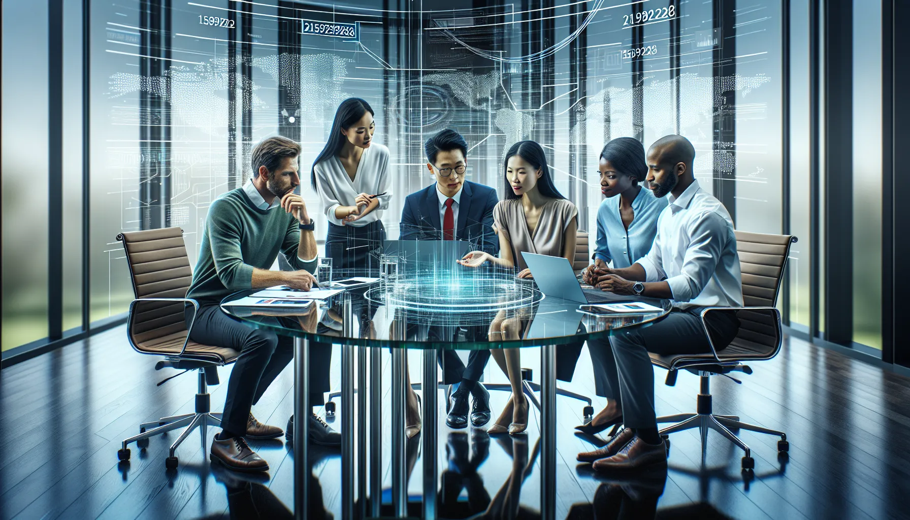 diverse professionals discussing telecommunications in a modern office.
