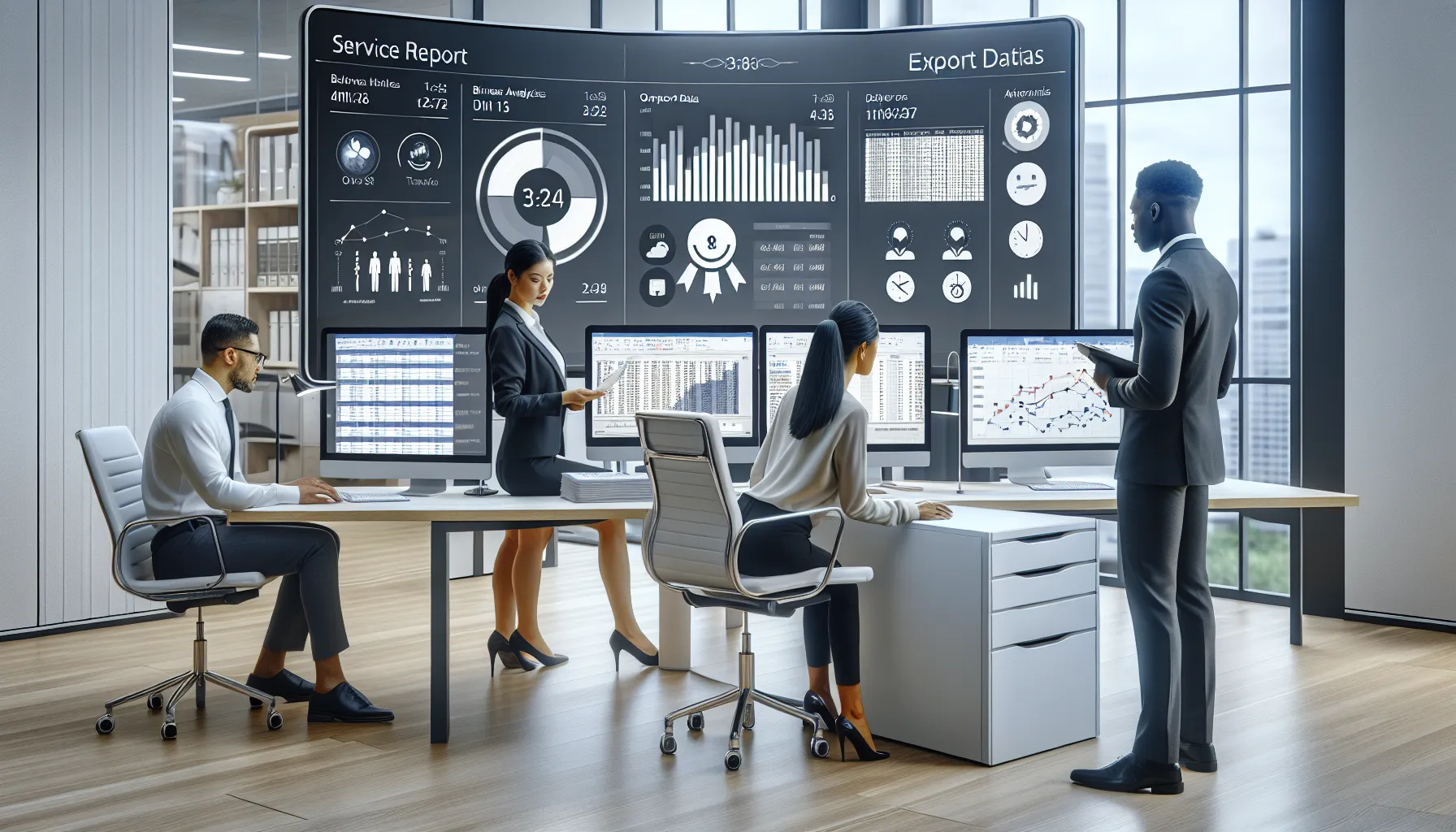 Professionals reviewing Power BI data exported into Excel on dual monitors in an office.