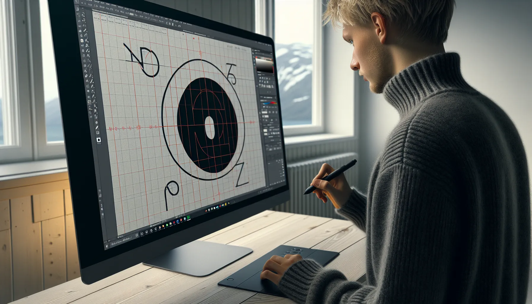 Norwegian designer refining a logo on a precise grid for balance and clarity.