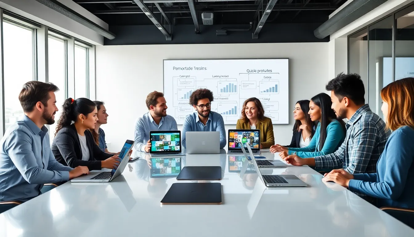 diverse team collaborating on low code workflows in a modern office.