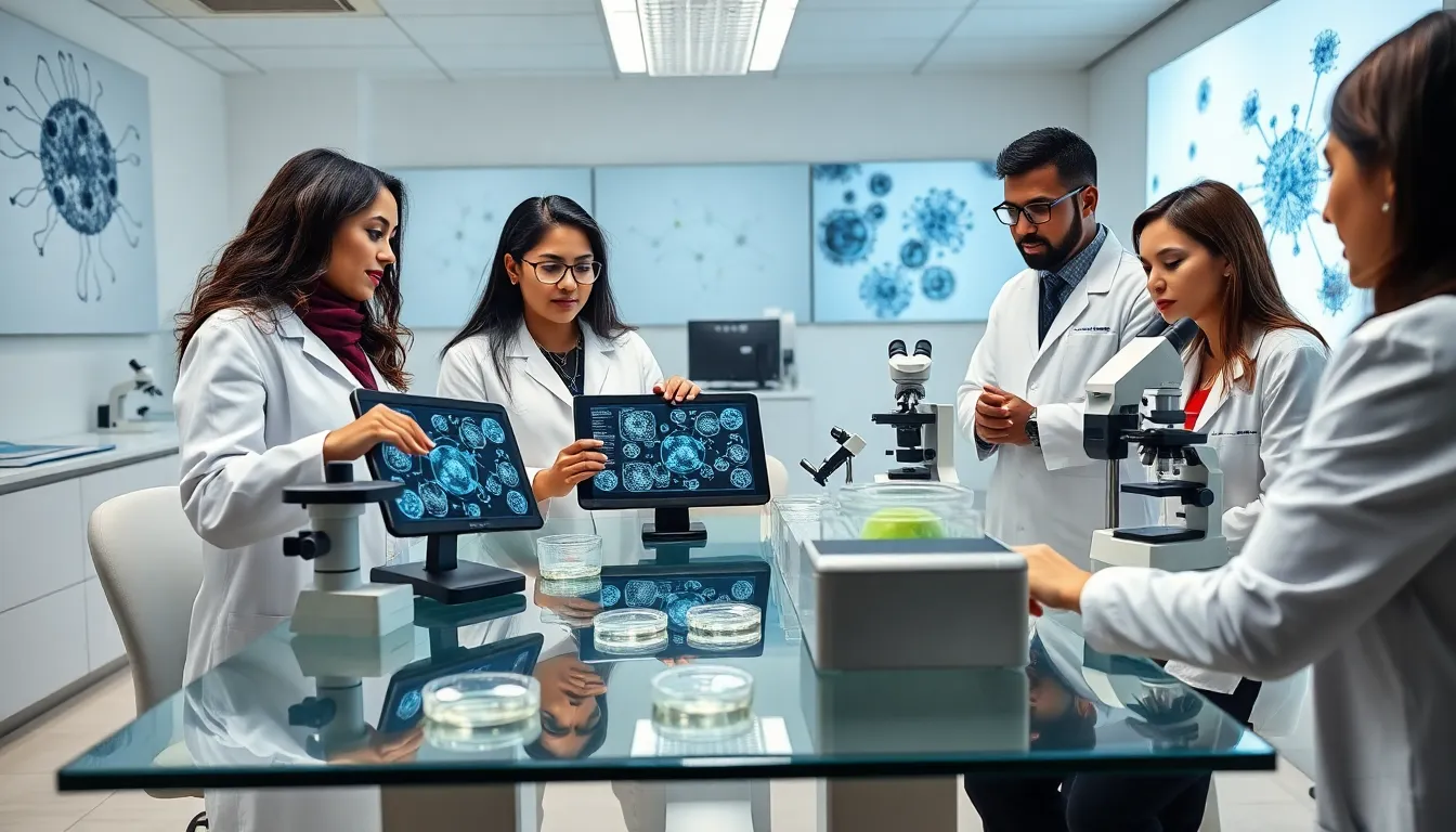 diverse scientists collaborating in a modern lab setting.