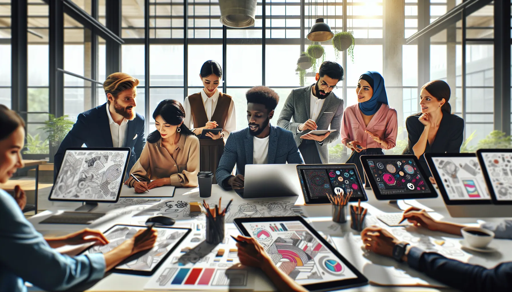 diverse team collaborating on graphic design projects using Draw65536.