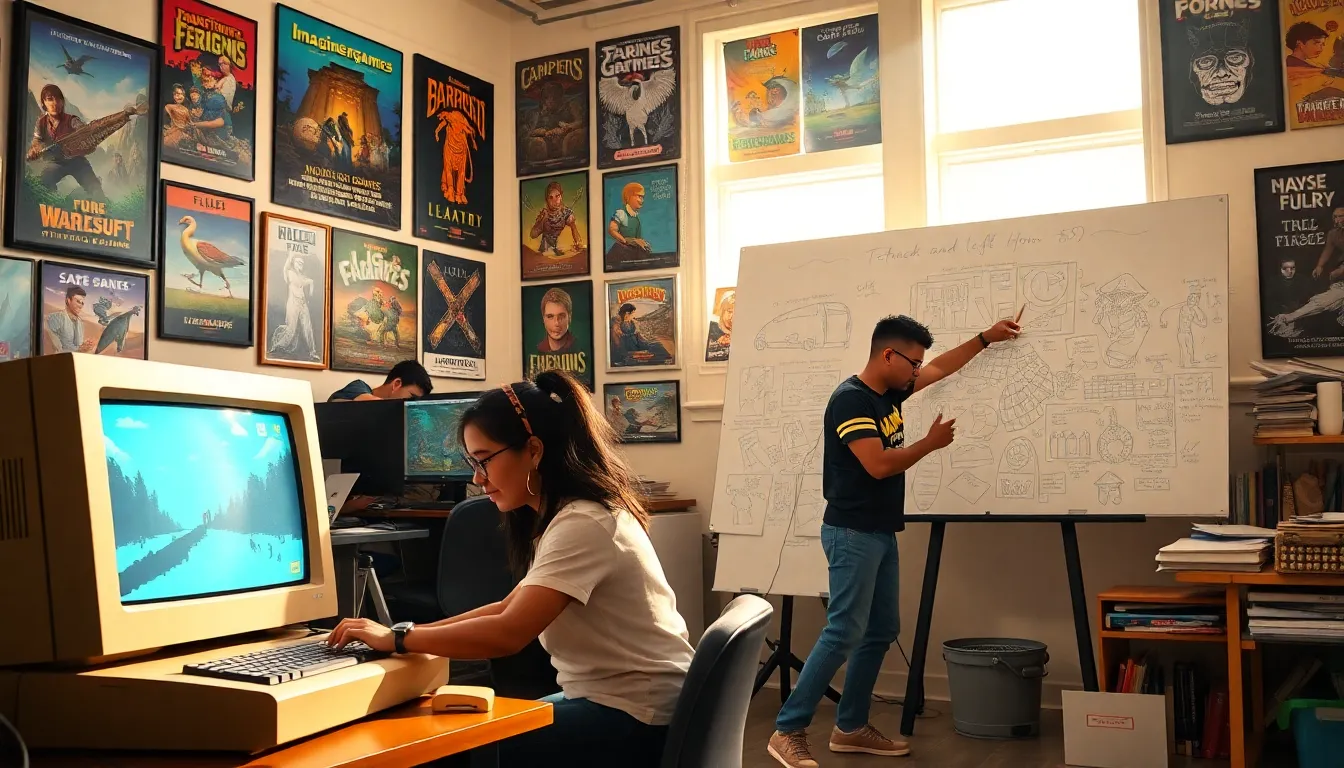 game developers collaborating in a nostalgic gaming studio setting.