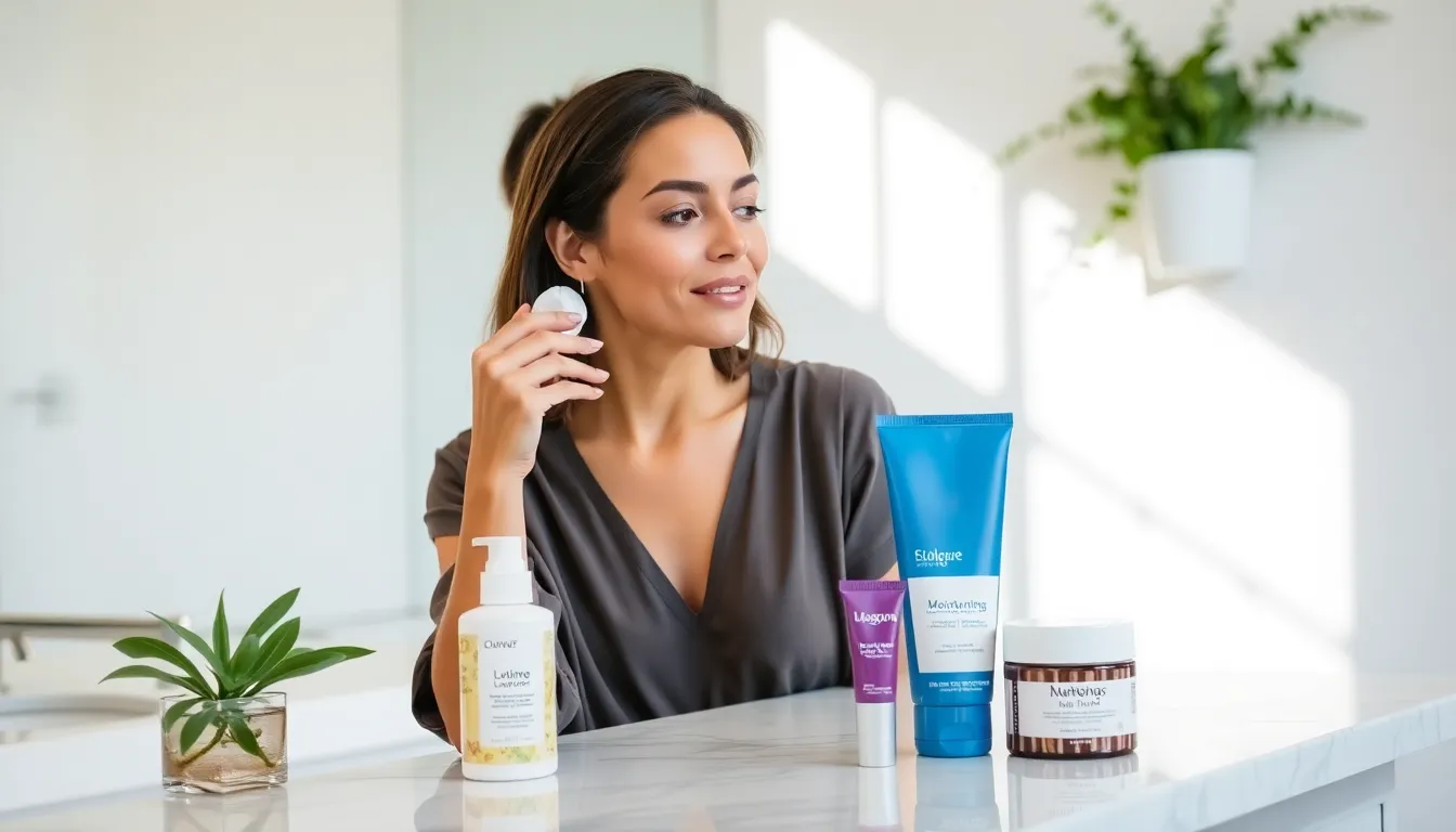 woman applying cleanser in a modern bathroom setting.