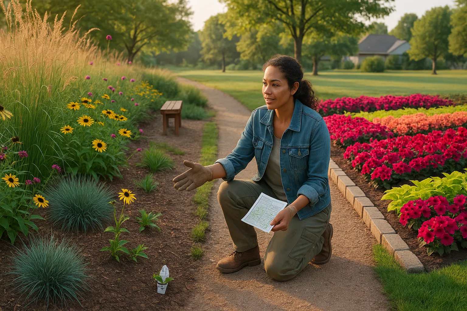Contrasting wildflower meadow beside crisp annual bedding with a gardener