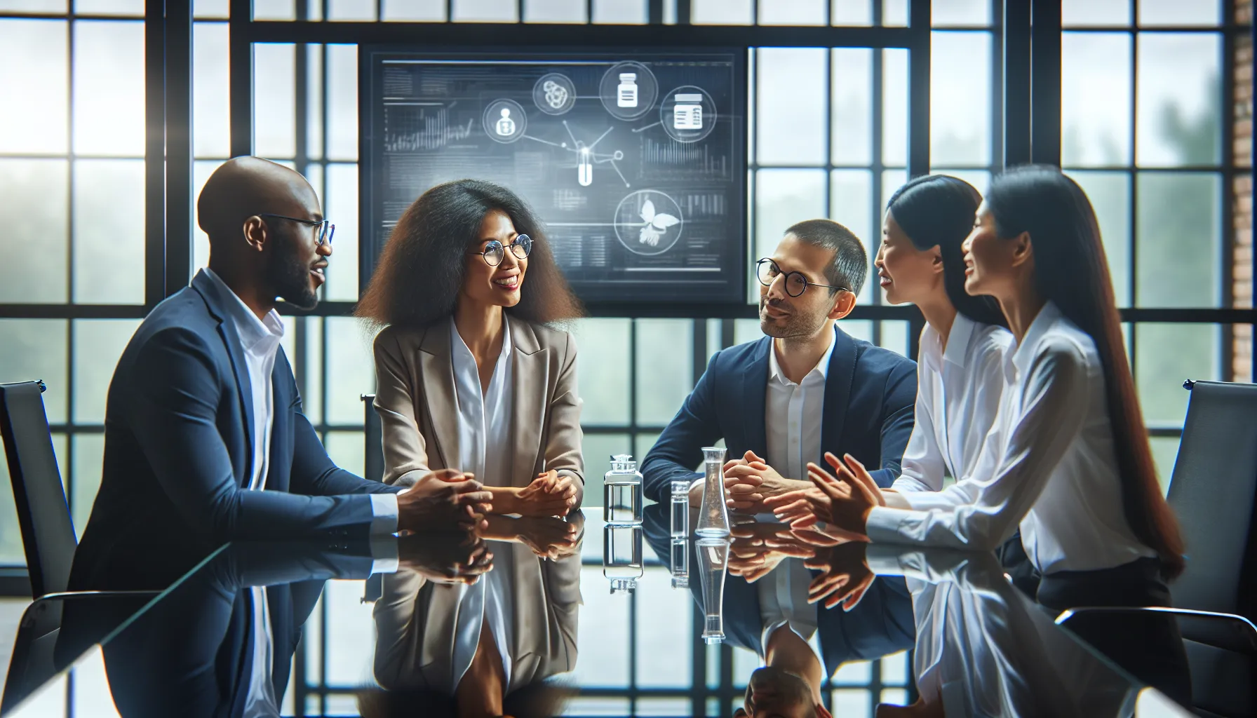diverse team discussing pharmaceutical innovations in a modern office.
